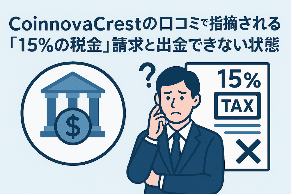 CoinnovaCrestの口コミで指摘される「15%の税金」請求と出金できない状態