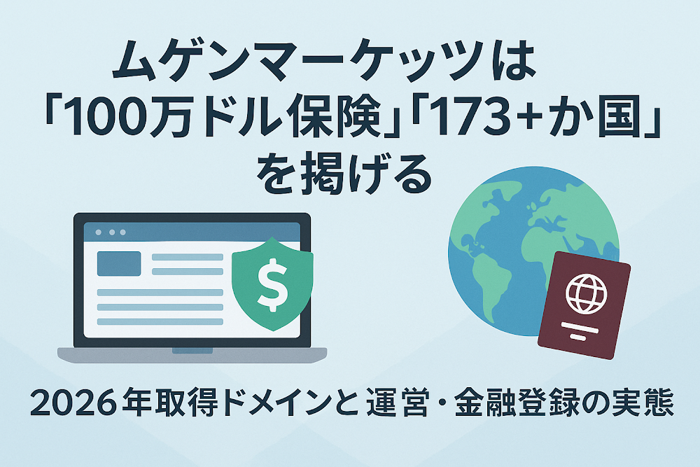ムゲンマーケッツは「100万ドル保険」「173+か国」を掲げる 2026年取得ドメインと運営・金融登録の実態