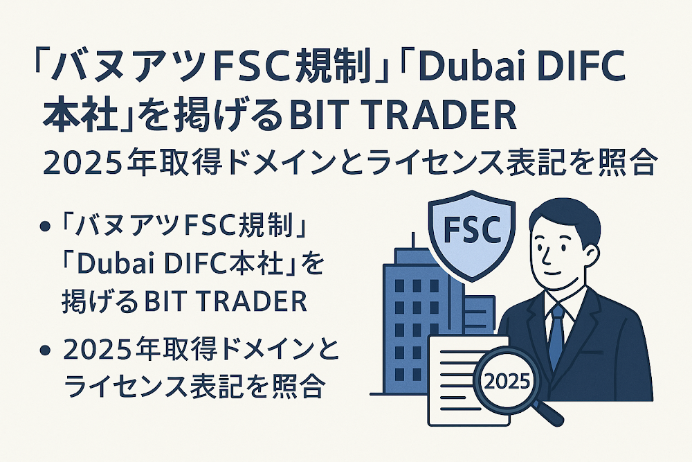 「バヌアツFSC規制」「Dubai DIFC本社」を掲げるBIT TRADER 2025年取得ドメインとライセンス表記を照合