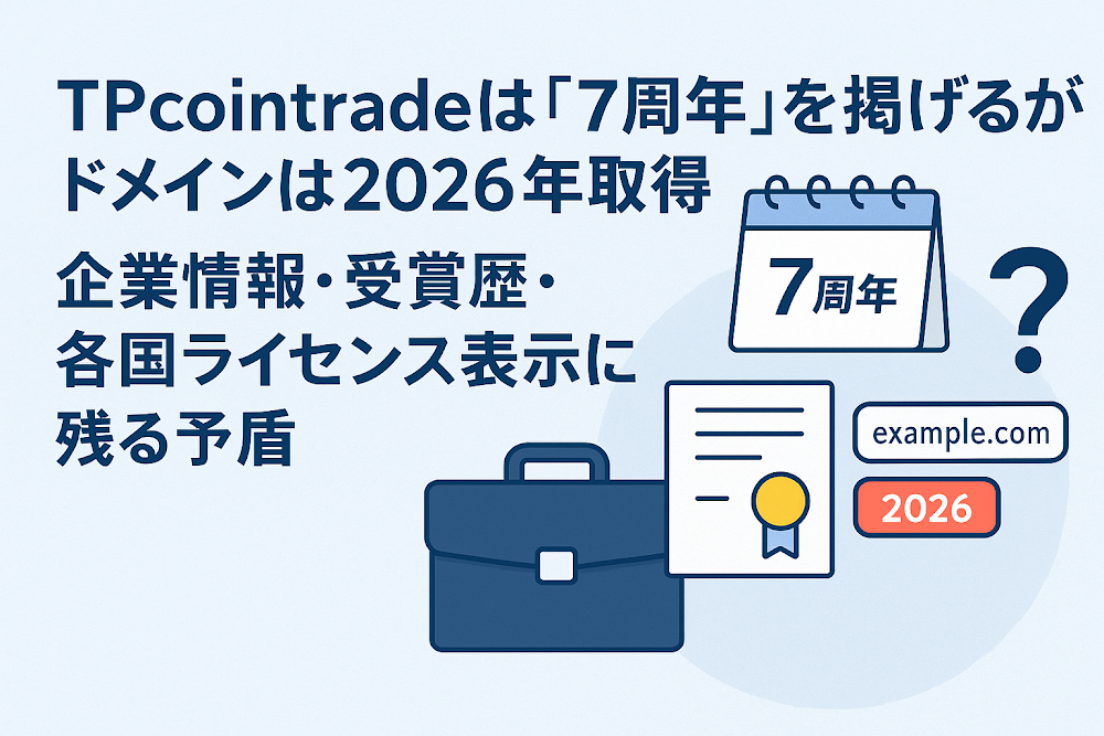 TPcointradeは「7周年」を掲げるがドメインは2026年取得 企業情報・受賞歴・各国ライセンス表示に残る矛盾