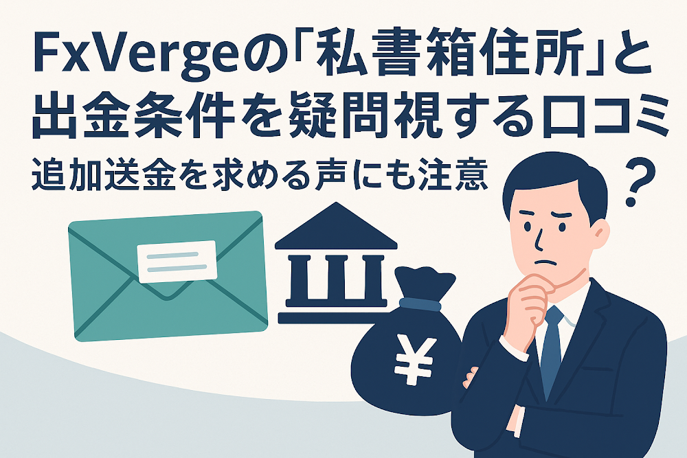 FxVergeの「私書箱住所」と出金条件を疑問視する口コミ 追加送金を求める声にも注意