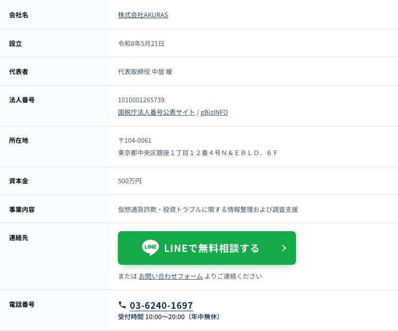 AKURASの運営会社の会社概要ページ。会社名 株式会社AKURAS、設立 令和8年5月21日、代表取締役 中居暖、法人番号 1010001265739 と国税庁法人番号公表サイトへのリンク、銀座の所在地、資本金、事業内容、LINEとお問い合わせフォームの連絡先、電話番号と受付時間の行が表に並ぶ
