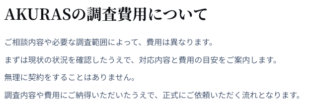AKURASの詐欺調査の料金を案内する公式サイトの「AKURASの調査費用について」。費用は相談内容と調査範囲で異なること、状況を確かめてから費用の目安を案内すること、無理に契約はしないことの説明と、LINEで相談するボタン