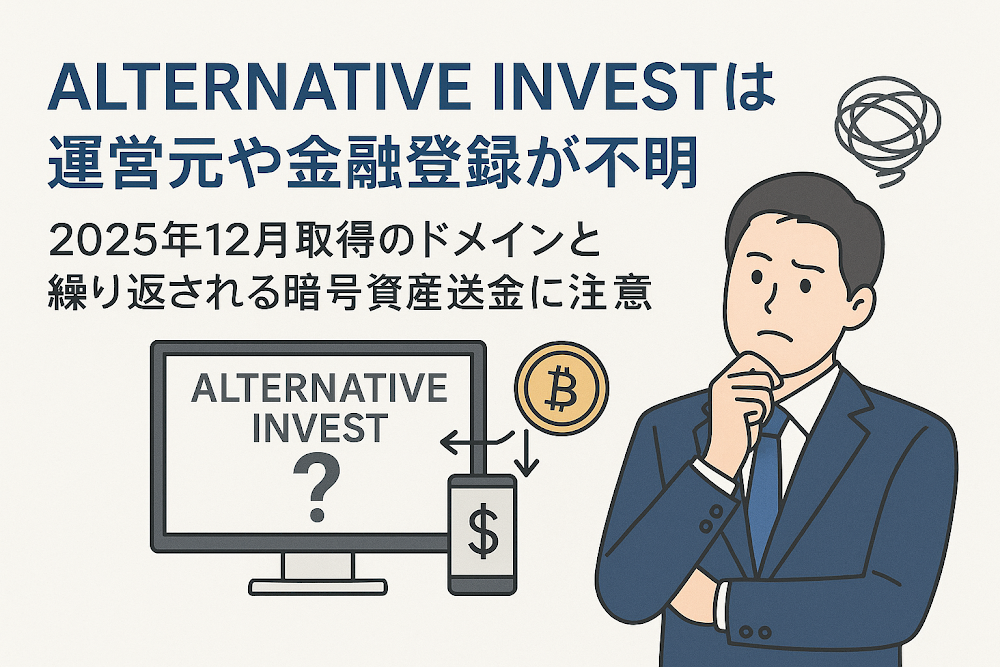 ALTERNATIVE INVESTは運営元や金融登録が不明 2025年12月取得のドメインと繰り返される暗号資産送金に注意