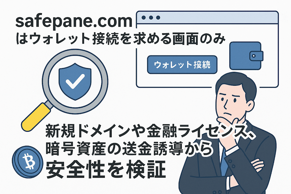 safepaen.comはウォレット接続を求める画面のみ 新規ドメインや金融ライセンス、暗号資産の送金誘導から安全性を検証