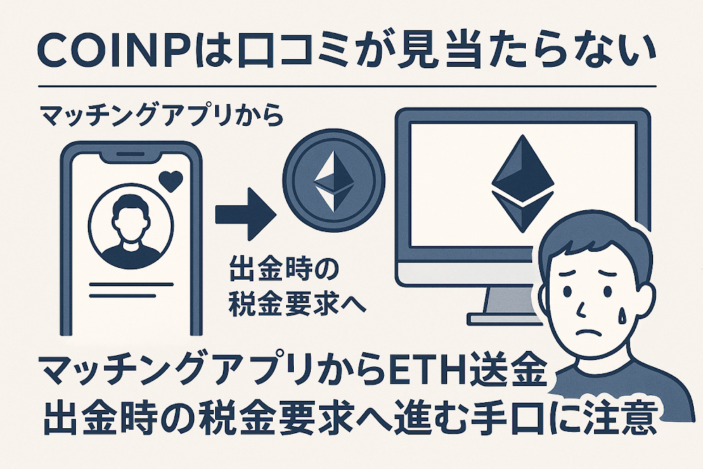 COINPは口コミが見当たらない マッチングアプリからETH送金・出金時の税金要求へ進む手口に注意