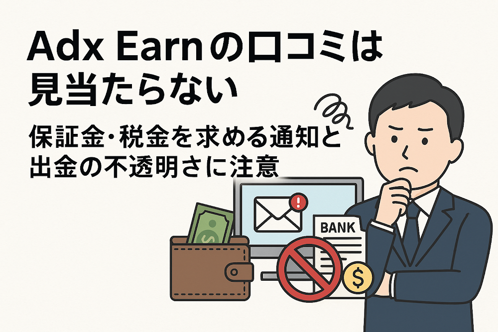 Adx Earnの口コミは見当たらない 保証金・税金を求める通知と出金の不透明さに注意