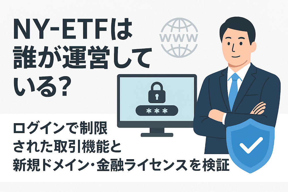 NY-ETFは誰が運営している?ログインで制限された取引機能と新規ドメイン・金融ライセンスを検証