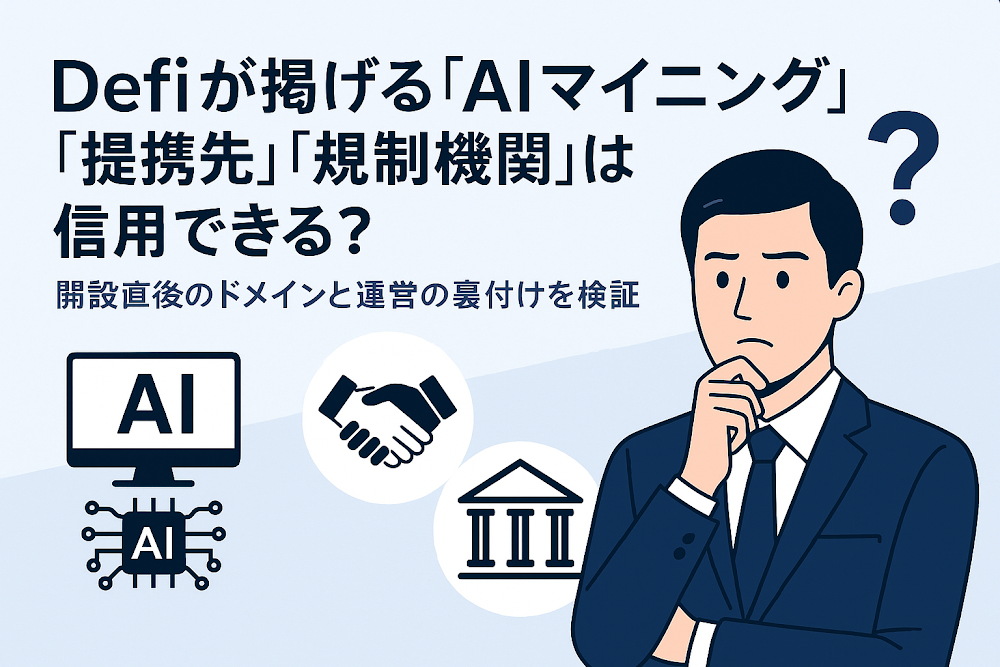 Defiが掲げる「AIマイニング」「提携先」「規制機関」は信用できる?開設直後のドメインと運営の裏付けを検証