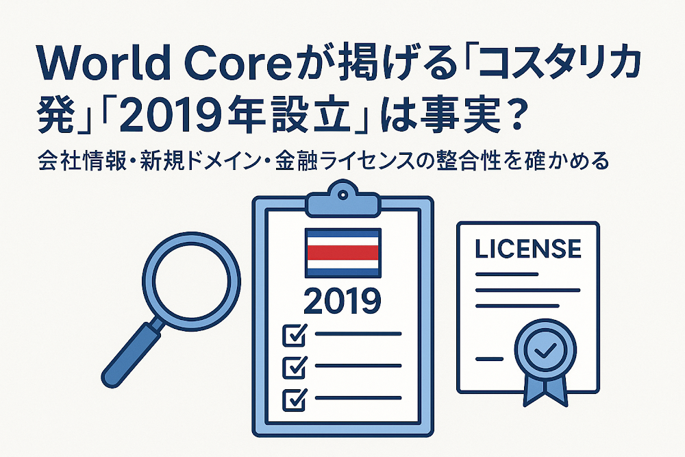 World Coreが掲げる「コスタリカ発」「2019年設立」は事実?会社情報・新規ドメイン・金融ライセンスの整合性を確かめる