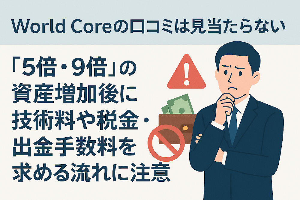 World Coreの口コミは見当たらない 「5倍・9倍」の資産増加後に技術料や税金・出金手数料を求める流れに注意