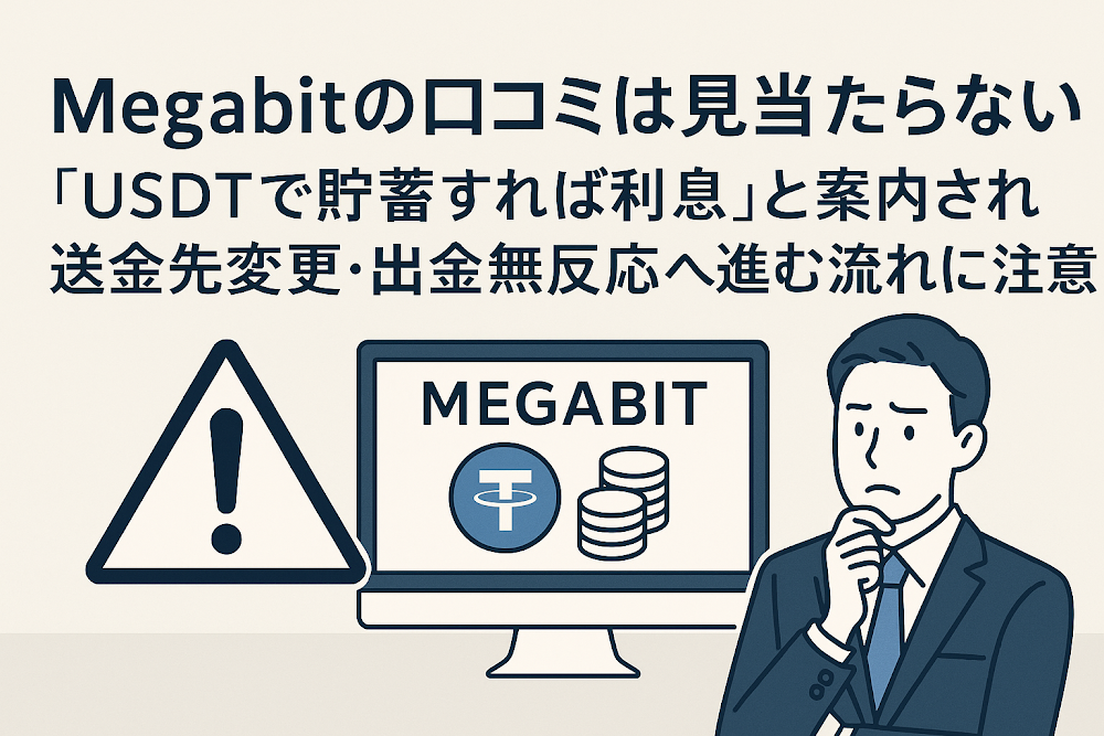 Megabitの口コミは見当たらない 「USDTで貯蓄すれば利息」と案内され送金先変更・出金無反応へ進む流れに注意