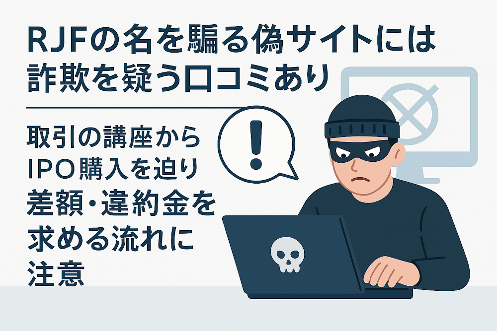 RJFの名を騙る偽サイトには詐欺を疑う口コミあり　取引の講座からIPO購入を迫り差額・違約金を求める流れに注意