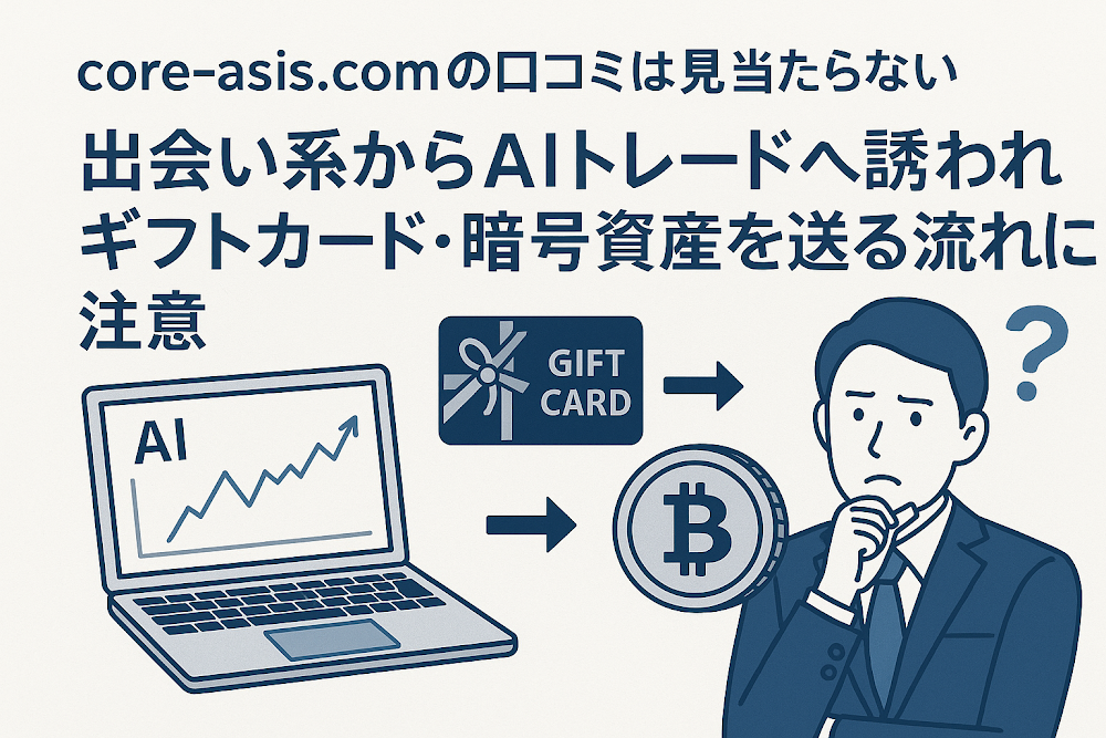 core-asis.comの口コミは見当たらない 出会い系からAIトレードへ誘われギフトカード・暗号資産を送る流れに注意