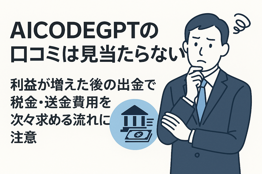 AICODEGTPの口コミは見当たらない 利益が増えた後の出金で税金・送金費用を次々求める流れに注意