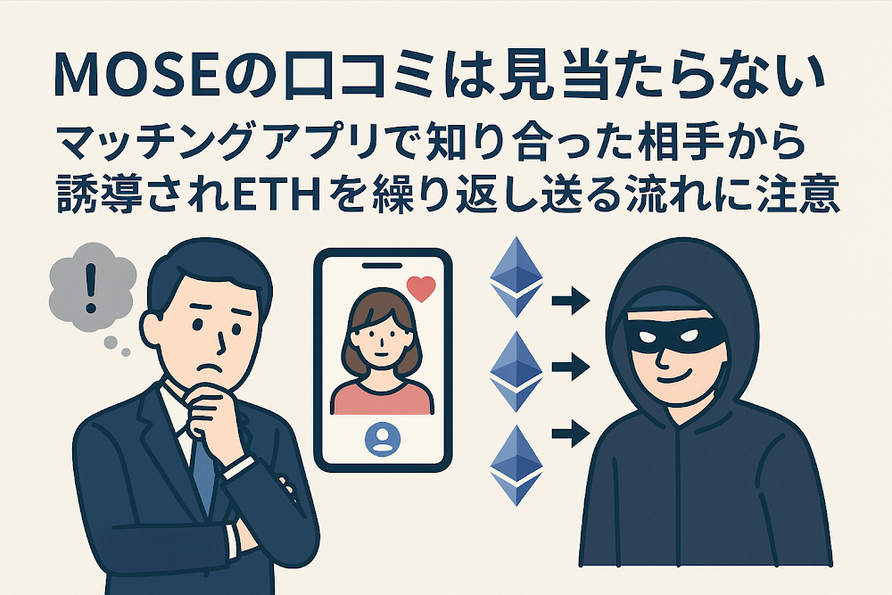 MOSEの口コミは見当たらない マッチングアプリで知り合った相手から誘導されETHを繰り返し送る流れに注意