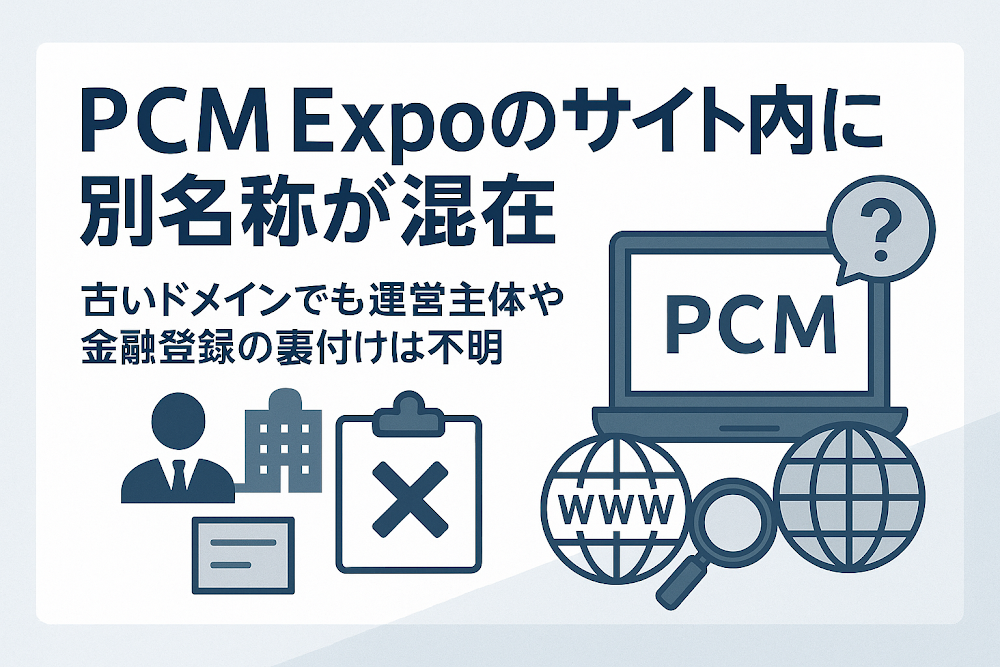 PCM Expoのサイト内に別名称が混在　古いドメインでも運営主体や金融登録の裏付けは不明