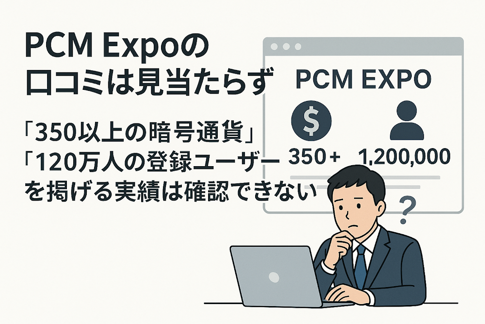 PCM Expoの口コミは見当たらず　「350以上の暗号通貨」「120万人の登録ユーザー」を掲げる実績は確認できない
