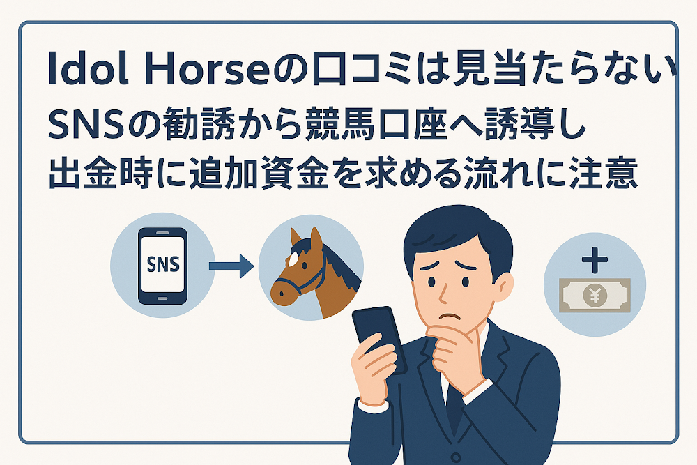 idol Horseの口コミは見当たらない　SNSの勧誘から競馬口座へ誘導し出金時に追加資金を求める流れに注意