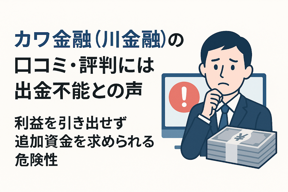 カワ金融（川金融）の口コミ・評判には出金不能との声　利益を引き出せず追加資金を求められる危険性