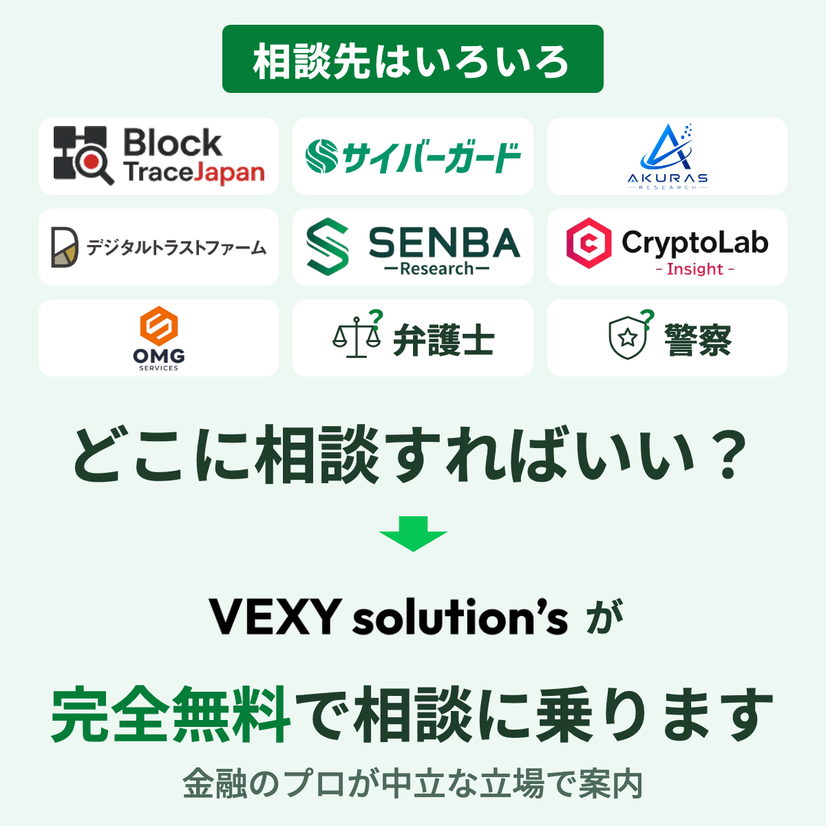 どこに相談すればいい？VEXYが完全無料で相談に乗ります。金融のプロが中立な立場で相談先を案内