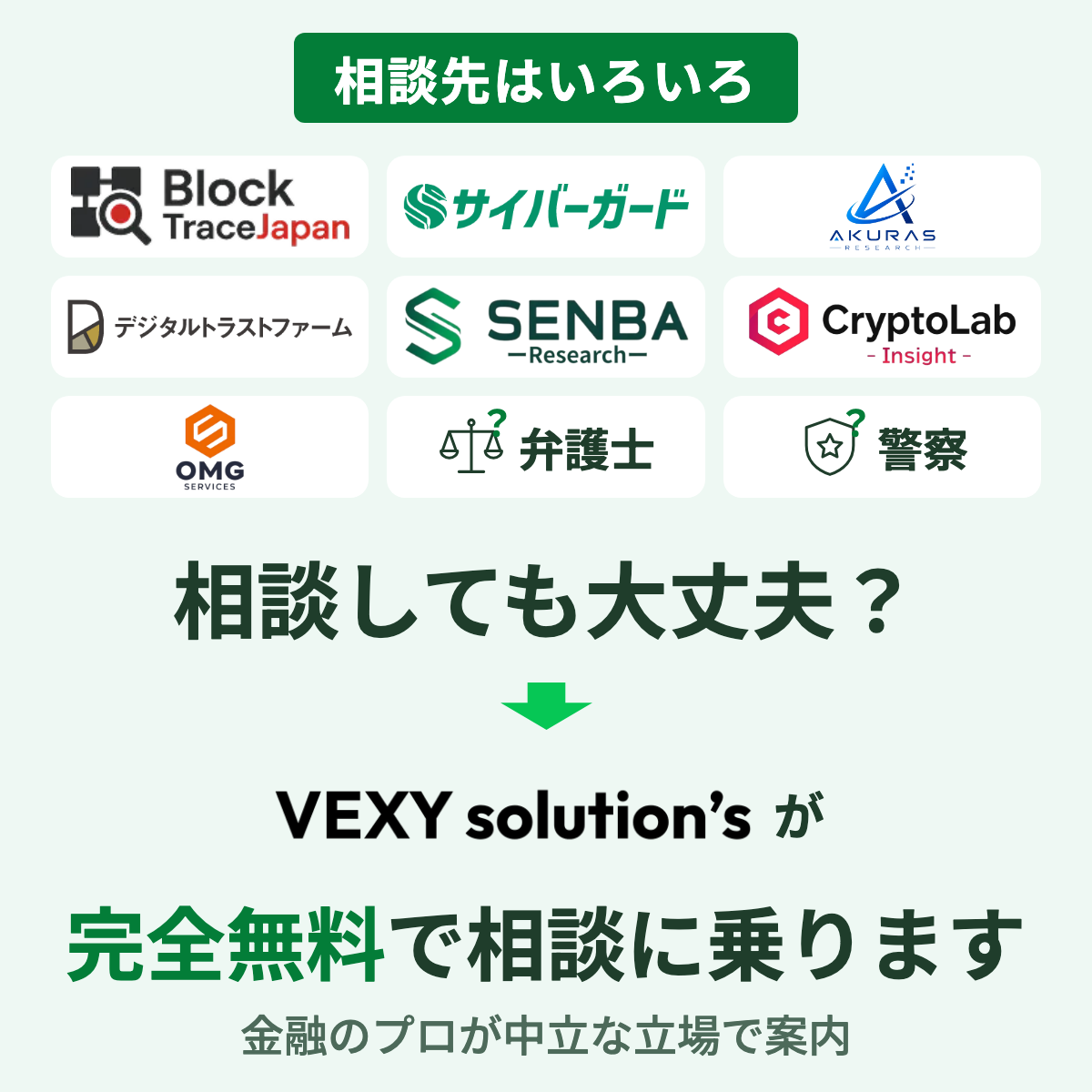 相談しても大丈夫？VEXYが完全無料で相談に乗ります。金融のプロが中立な立場で相談先を案内