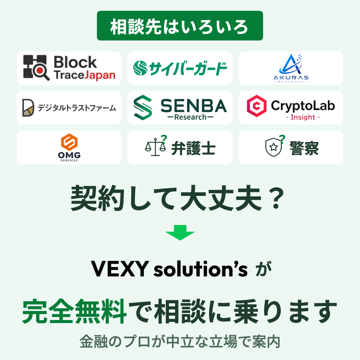 契約して大丈夫？VEXYが完全無料で相談に乗ります。金融のプロが中立な立場で相談先を案内