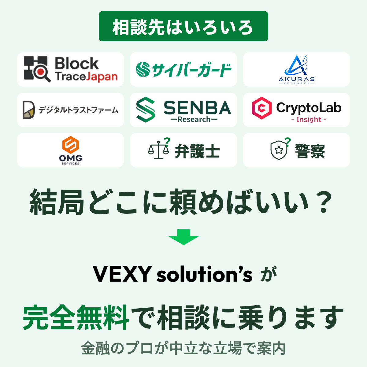 結局どこに頼めばいい？VEXYが完全無料で相談に乗ります。金融のプロが中立な立場で相談先を案内
