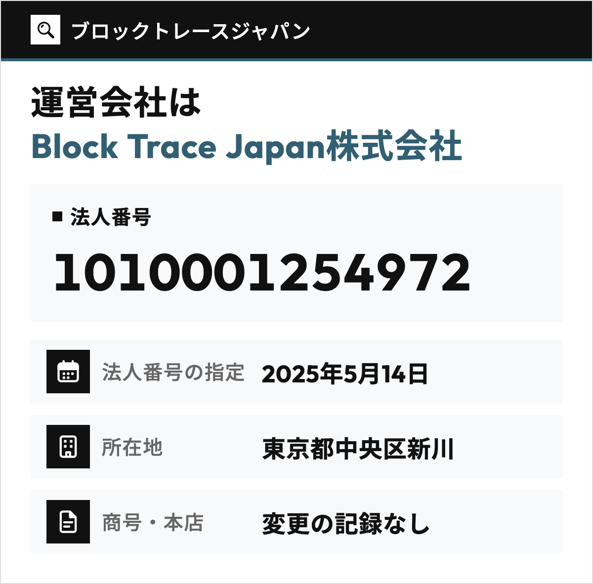 ブロックトレースジャパンの運営会社 Block Trace Japan株式会社の法人番号1010001254972を大きく示し、法人番号の指定（2025年5月14日）、所在地（東京都中央区新川）、商号と本店の変更の記録がないことを添えた図