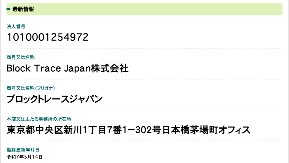 Block Trace Japan株式会社の法人番号（国税庁の法人番号公表サイト）。法人番号1010001254972、商号、フリガナ ブロックトレースジャパン、本店所在地、最終更新年月日 令和7年5月14日