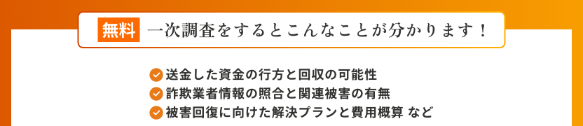 Crypto Lab Insightの公式サイトの「無料 一次調査をするとこんなことが分かります！」の帯。送金した資金の行方と回収の可能性、詐欺業者情報の照合と関連被害の有無、被害回復に向けた解決プランと費用概算の3項目が丸い印つきで並ぶ