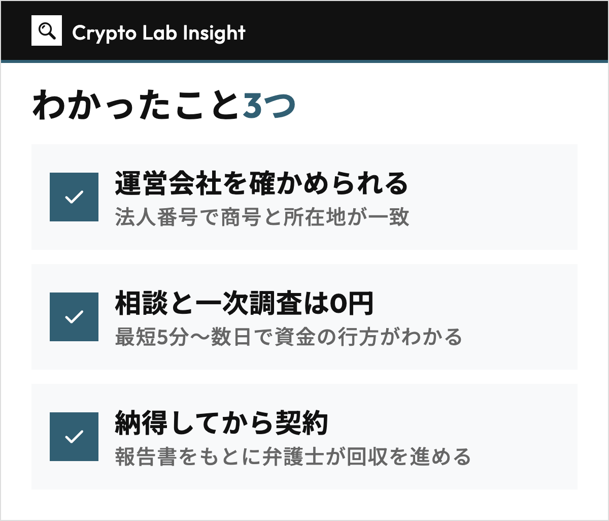 運営会社を法人番号で確かめられること、相談と一次調査が0円で最短5分〜数日で資金の行方がわかること、費用の提示に納得してから契約し報告書をもとに弁護士が回収を進めることの3点を縦に並べた図