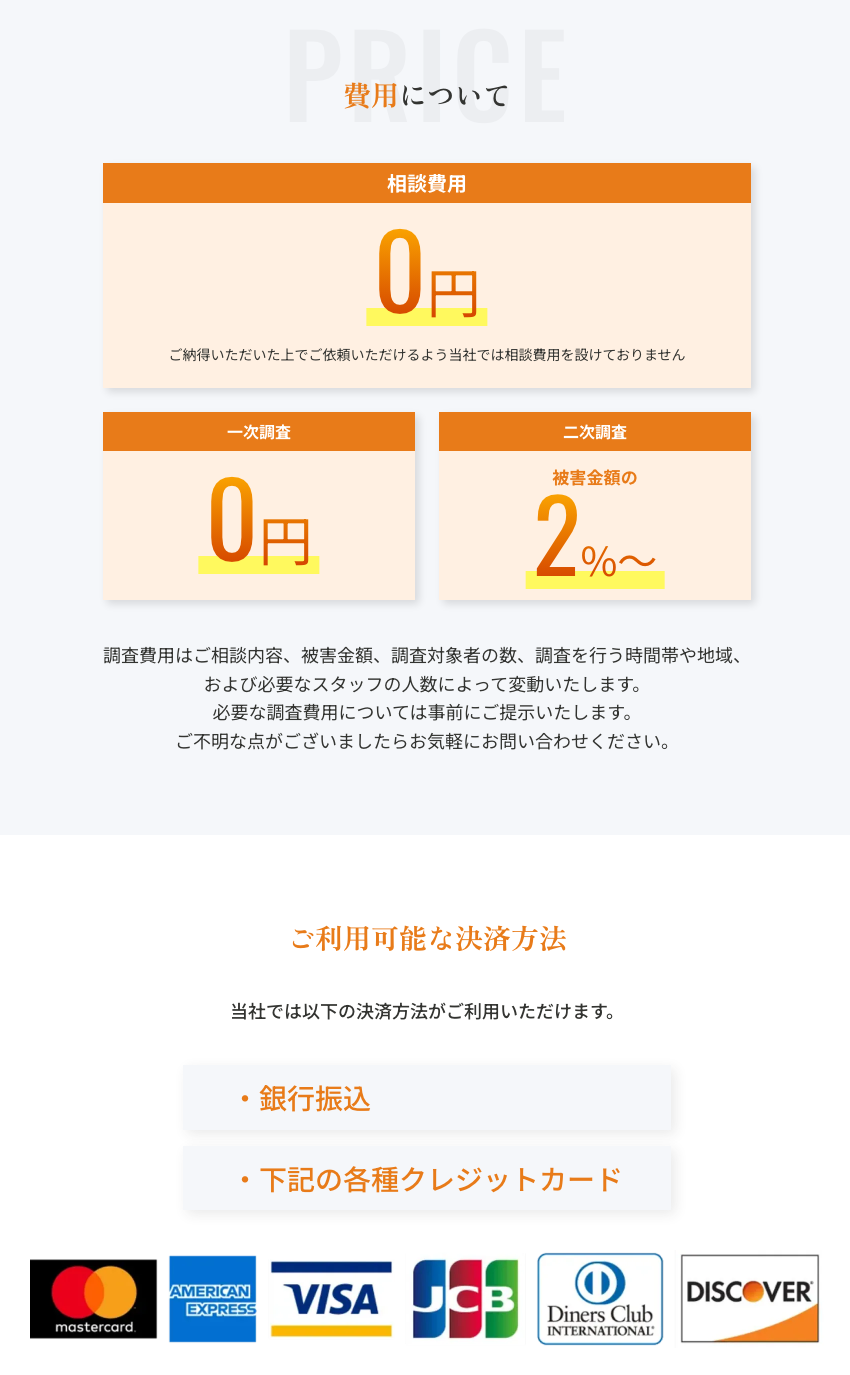 Crypto Lab Insightの公式サイトの「費用について」。相談費用0円と一次調査0円、二次調査 被害金額の2%〜の3つの枠、費用が変わる要素の説明、その下に銀行振込とクレジットカード6ブランドのロゴが並ぶ決済方法の案内