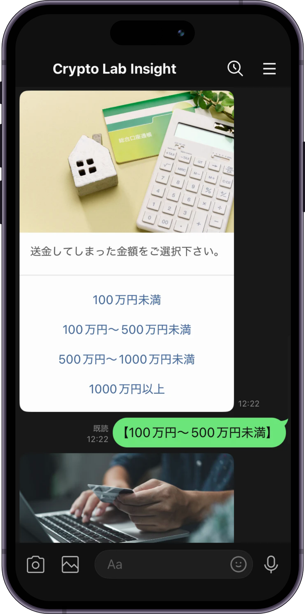 Crypto Lab InsightのLINE相談画面。「送金してしまった金額をご選択下さい。」のカードに100万円未満から1000万円以上までの4つのボタンが並び、【100万円〜500万円未満】を選んだ返信が続いている
