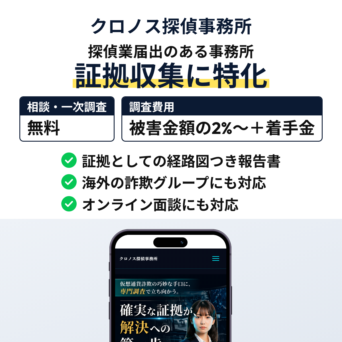 クロノス探偵事務所は東京都公安委員会に探偵業を届け出ており、証拠集めと報告書の作成に専念する