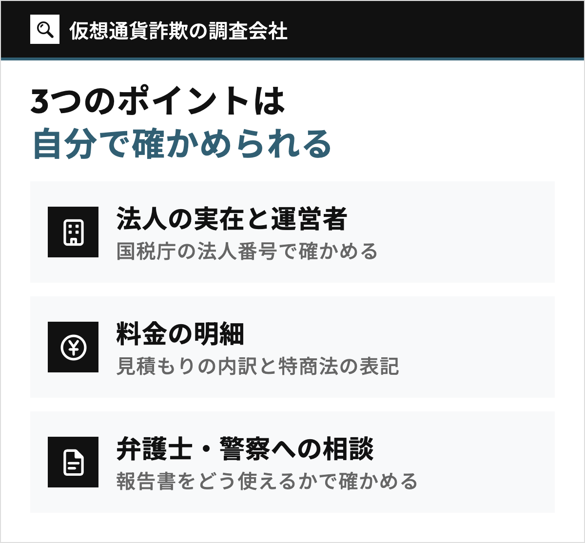 仮想通貨詐欺の調査会社を選ぶ3つのポイント(法人の実在と運営者、料金の明細、報告書を弁護士・警察への相談にどう使えるか)と、それぞれを自分で確かめる方法を示した図。