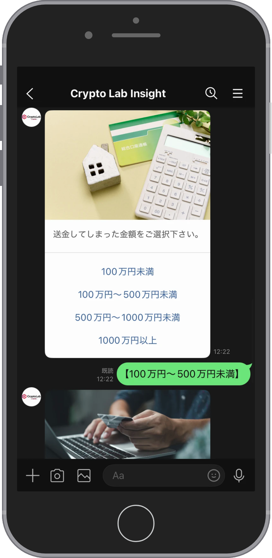 Crypto Lab Insightの相談画面:送金した金額を選ぶ