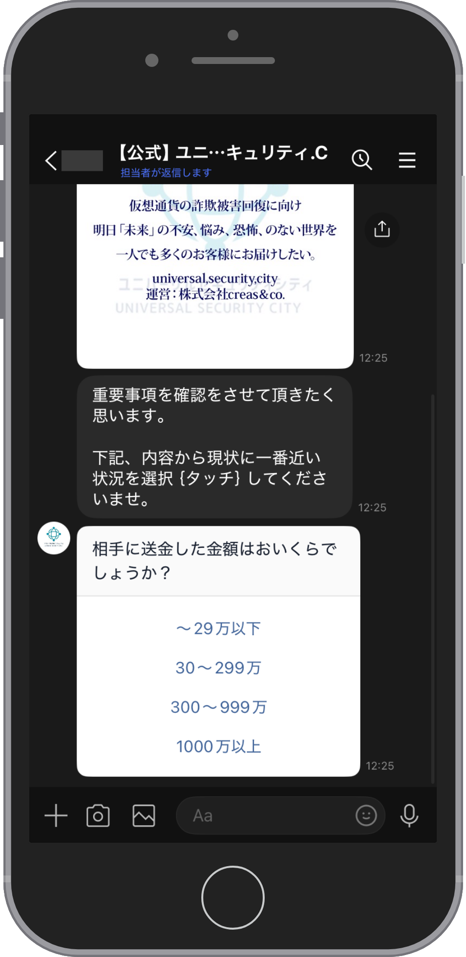 ユニバーサルセキュリティシティの相談画面:送金した金額を選ぶ