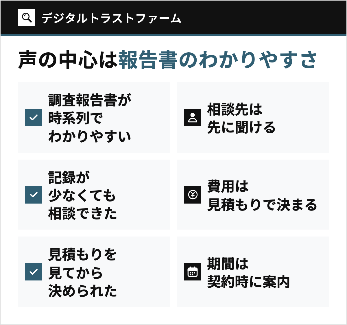 デジタルトラストファームの口コミ・評判の傾向を6枚のタイルで示した図。良い声に多い3点(調査報告書が時系列でわかりやすい、記録が少なくても相談できた、見積もりを見てから決められた)と、気になる声への3つの見方(相談先は先に聞ける、費用は見積もりで決まる、期間は契約時に案内)