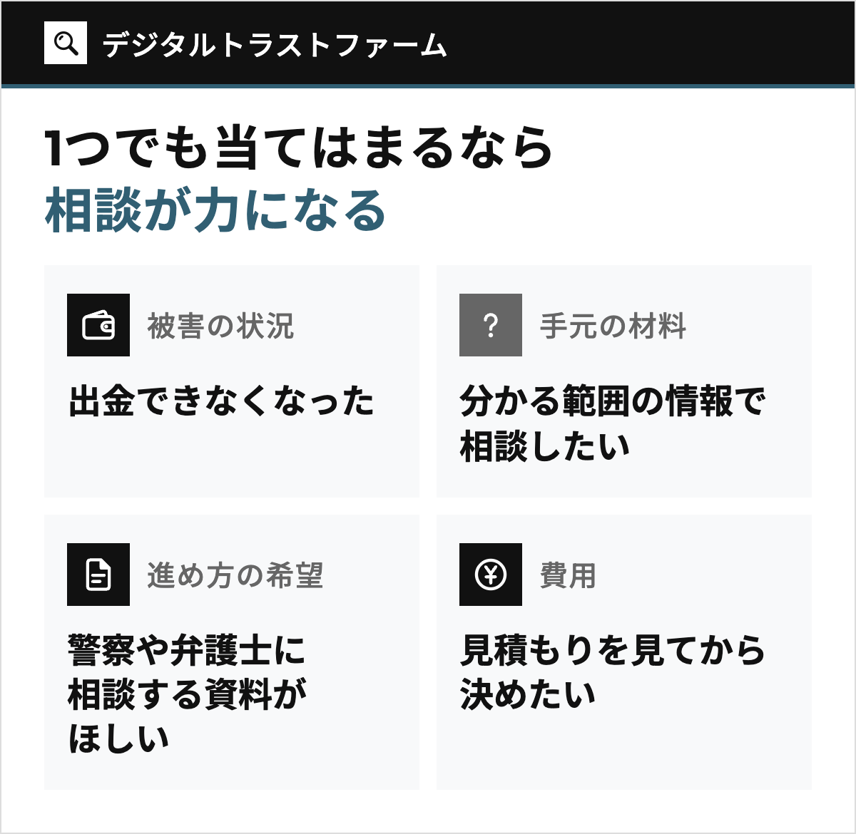 デジタルトラストファームへの相談が向いている人を4枚のタイルで示した図。被害の状況、手元の材料、進め方の希望、費用の4つの観点ごとに、当てはまる状況を並べる