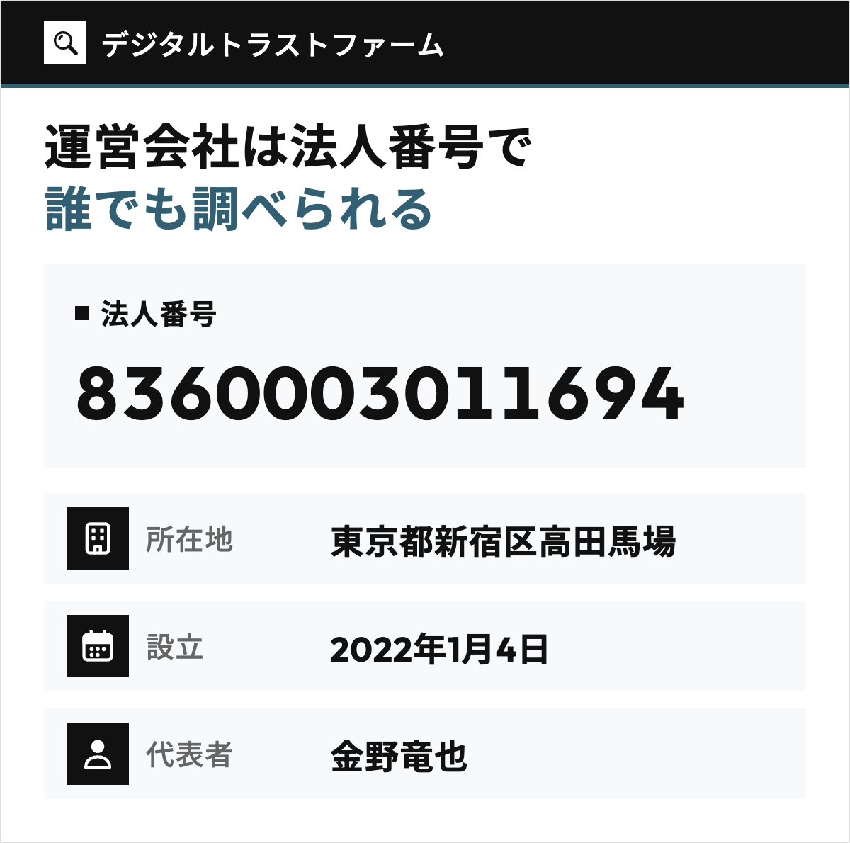 デジタルトラストファームの運営会社の法人番号8360003011694を大きく示し、所在地の東京都新宿区高田馬場、設立日の2022年1月4日、代表者の金野竜也を1行ずつ添えた図