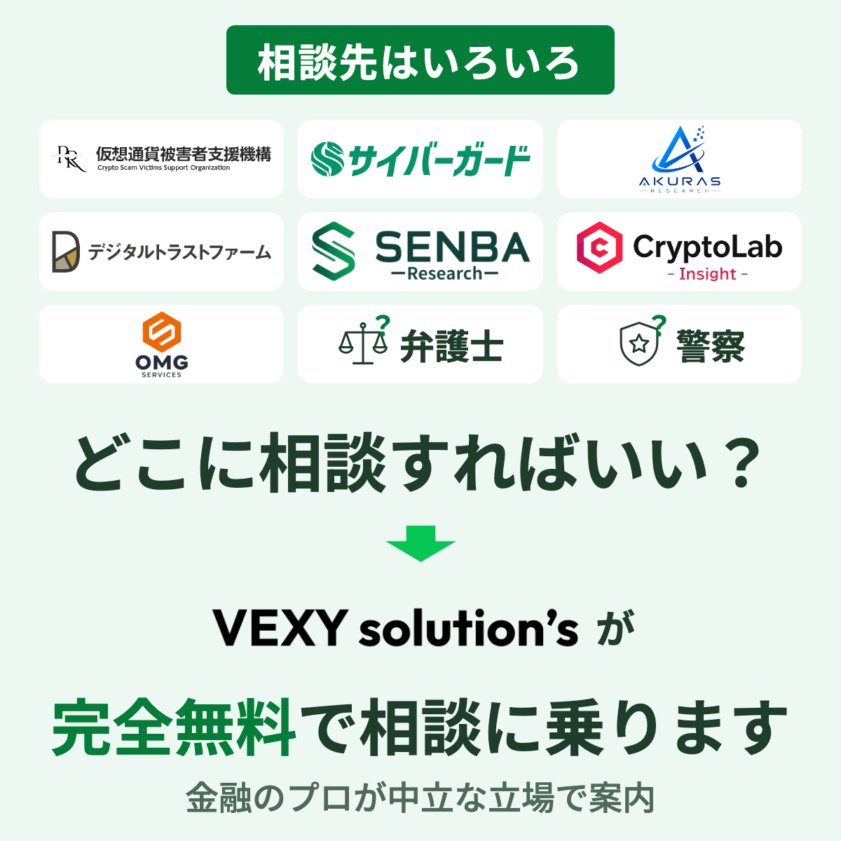 どこに相談すればいい?VEXYが完全無料で相談に乗ります。金融のプロが中立な立場で相談先を案内