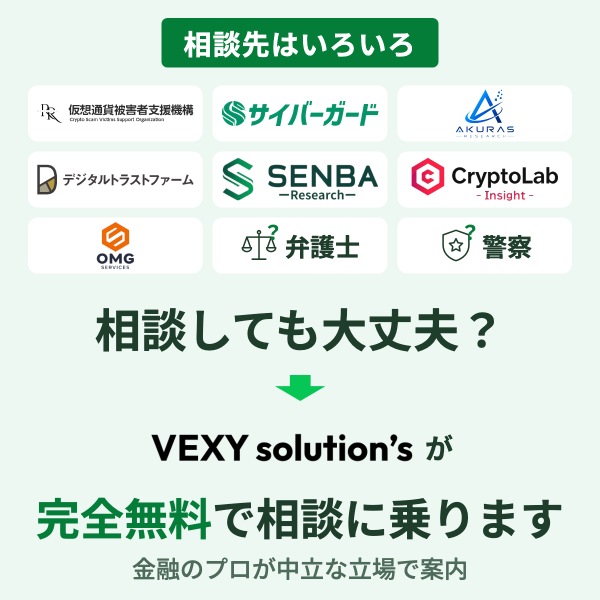 相談しても大丈夫?VEXYが完全無料で相談に乗ります。金融のプロが中立な立場で相談先を案内
