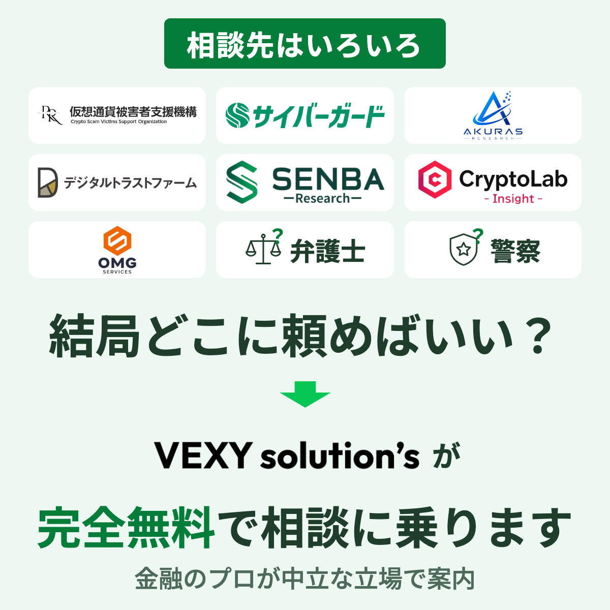 結局どこに頼めばいい?VEXYが完全無料で相談に乗ります。金融のプロが中立な立場で相談先を案内