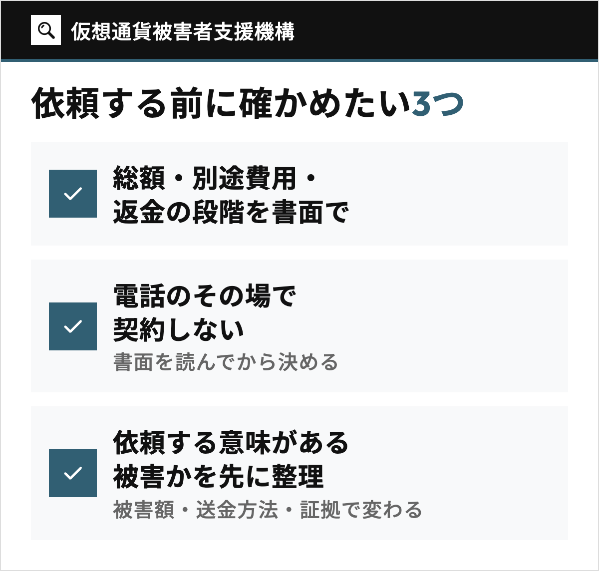 仮想通貨被害者支援機構に依頼する前に確かめたい3つのこと(総額・別途費用・返金の段階を書面で受け取る、電話のその場で契約しない、調査会社に依頼する意味がある被害かを先に整理する)を3つのタイルで並べた図