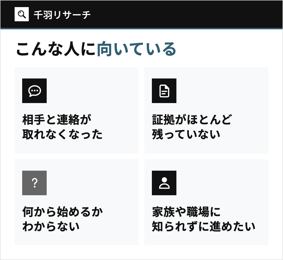 千羽リサーチへの詐欺相談が向いている人の4つの状況（相手と連絡が取れない、証拠がほとんど残っていない、何から始めるかわからない、家族や職場に知られずに進めたい）を示した図