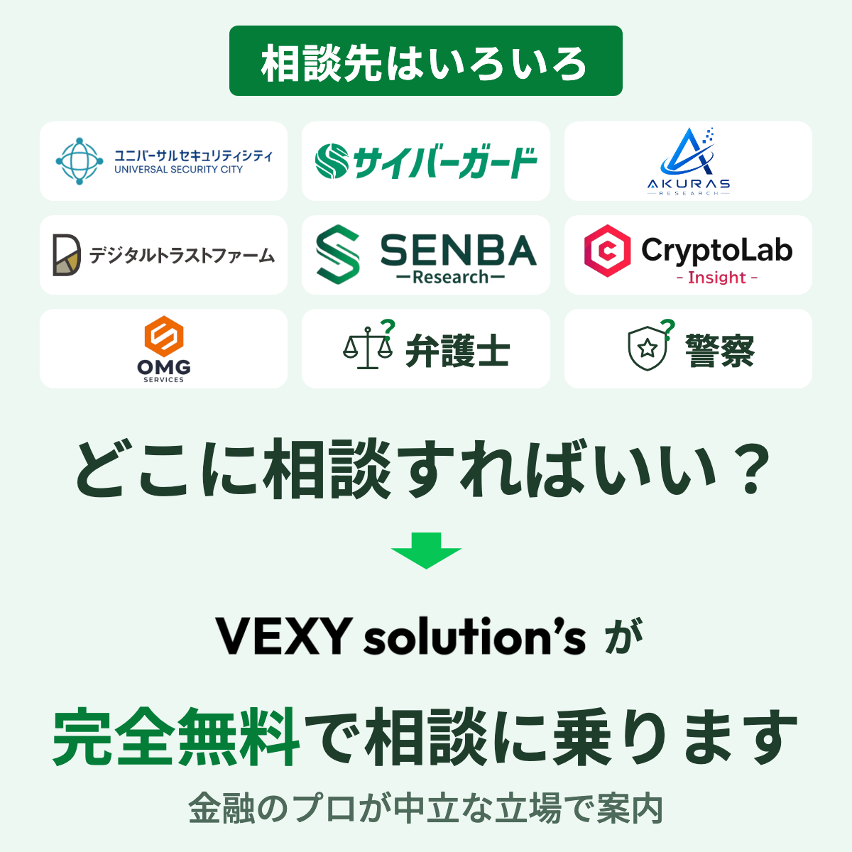 どこに相談すればいい?VEXYが完全無料で相談に乗ります。金融のプロが中立な立場で相談先を案内