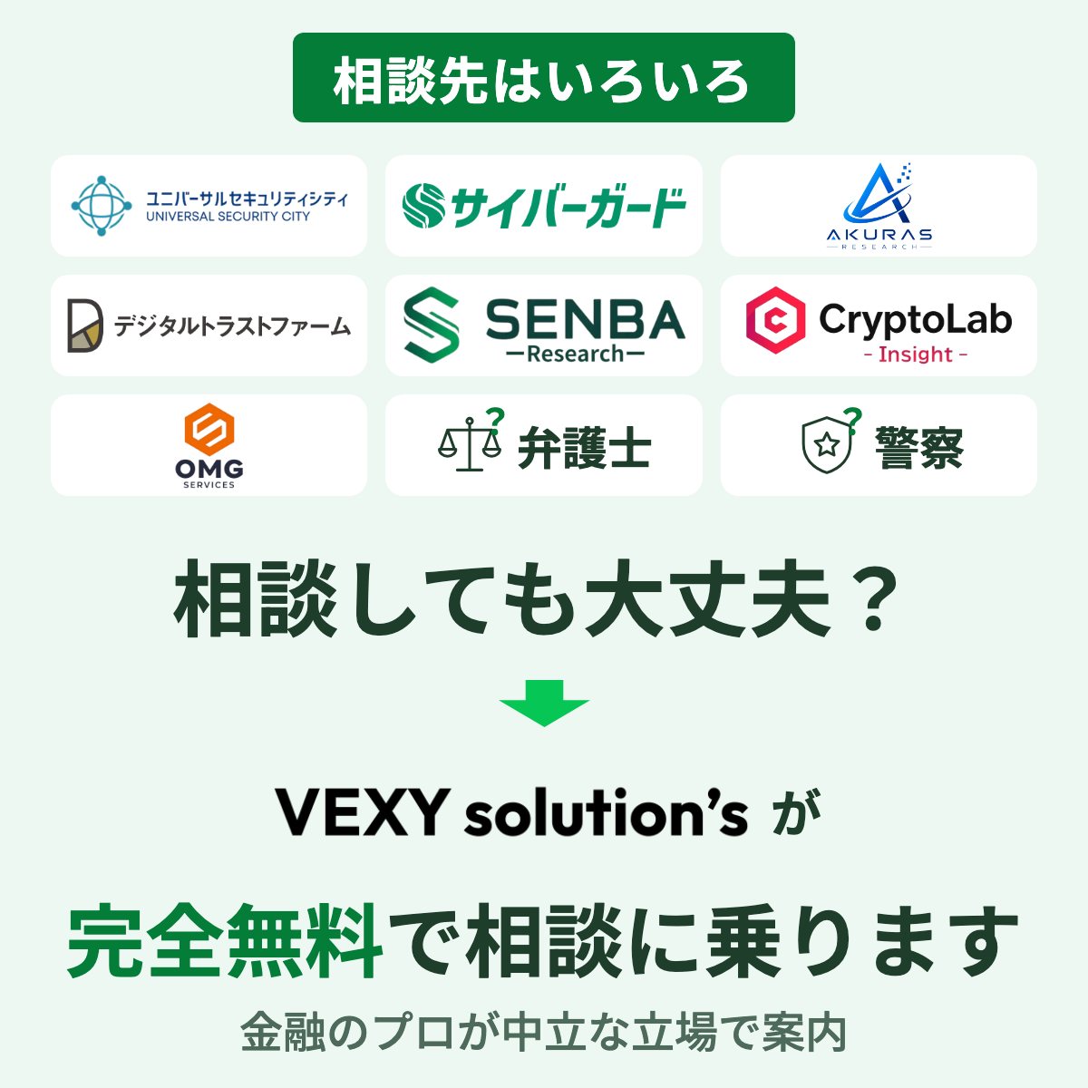 相談しても大丈夫?VEXYが完全無料で相談に乗ります。金融のプロが中立な立場で相談先を案内