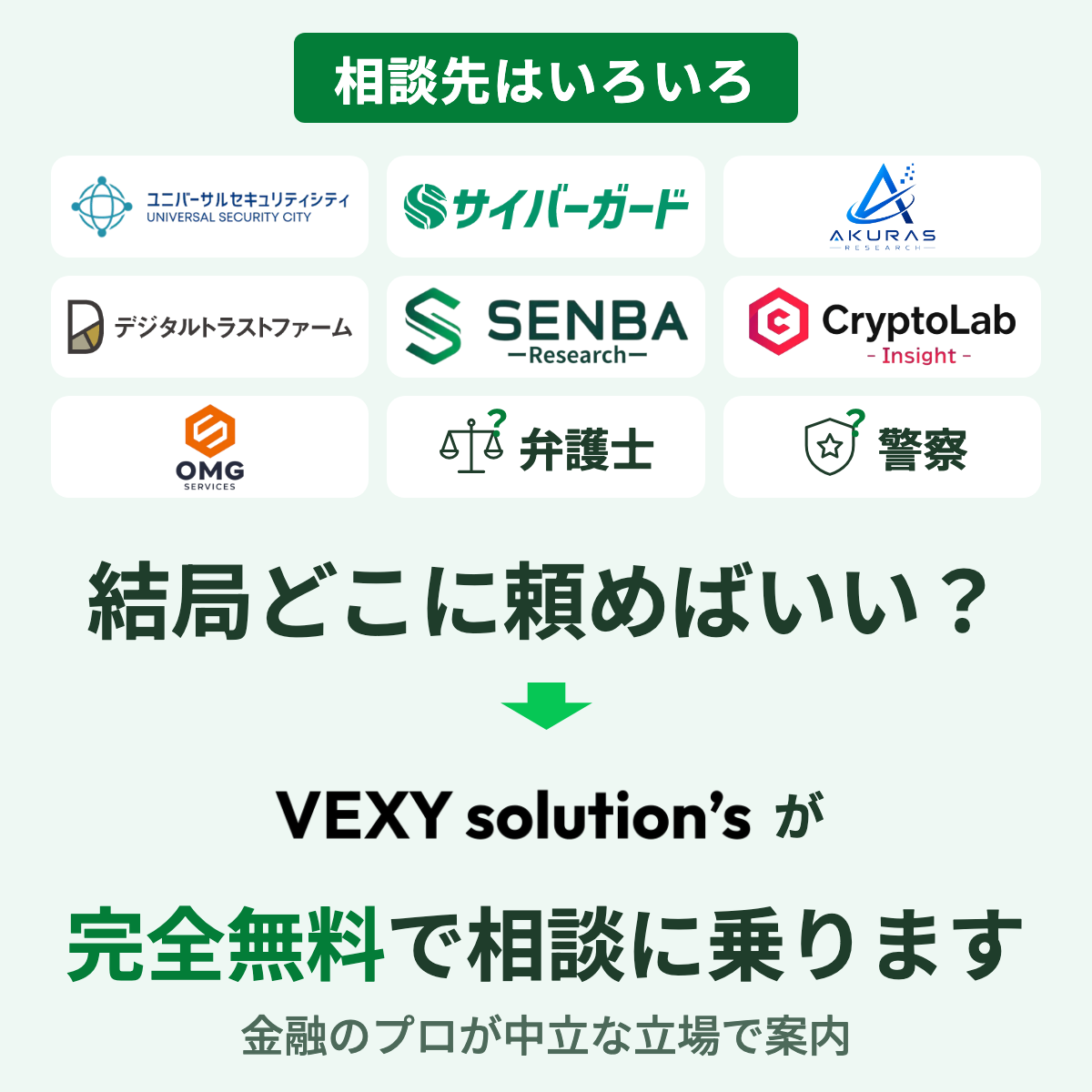 結局どこに頼めばいい?VEXYが完全無料で相談に乗ります。金融のプロが中立な立場で相談先を案内